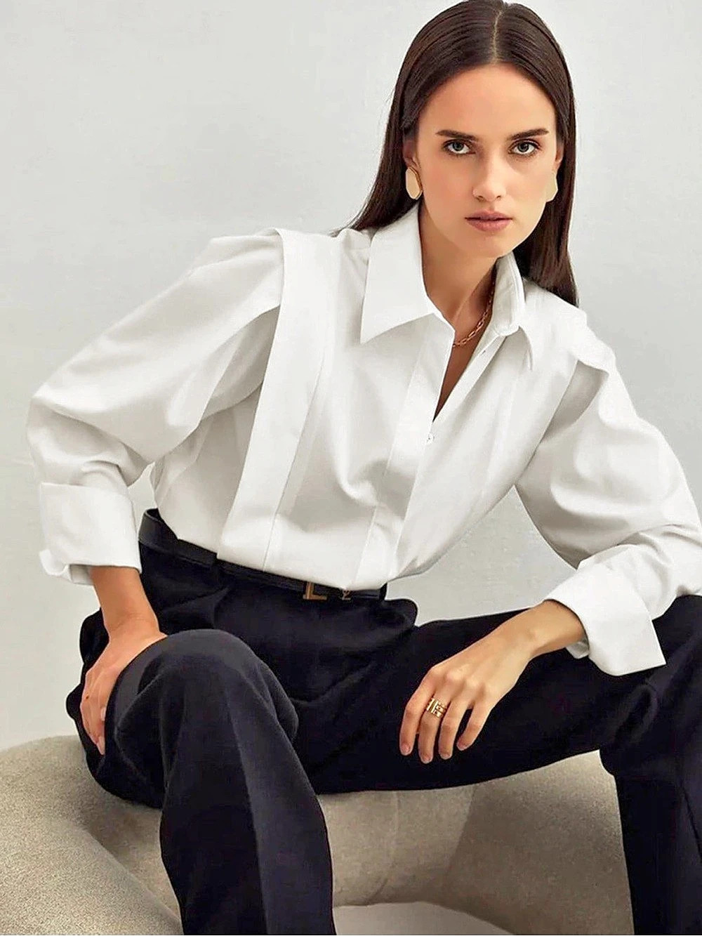 Commense White Oversized Button Down Cotton Shirt